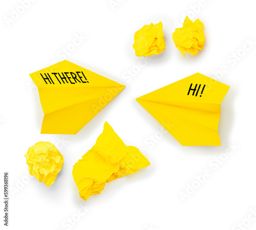 Paper plane and message concept. Design with airplane on bright background. photo