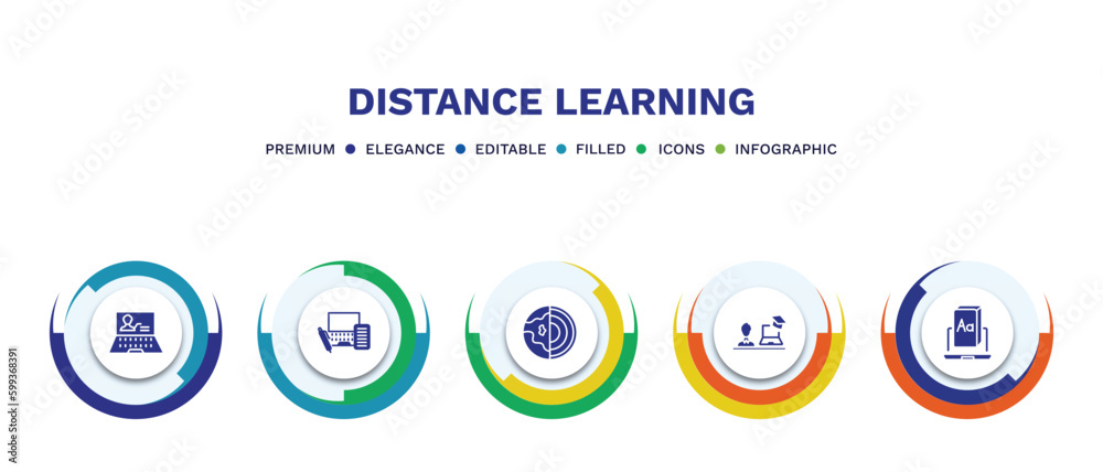 set of distance learning filled icons. distance learning filled icons with infographic template. flat icons such as computer-based training, blended learning, geology, instructor, digital book set of distance learning filled icons. distance learning filled icons with infographic template. flat icons such as computer-based training, blended learning, geology, instructor, digital book
