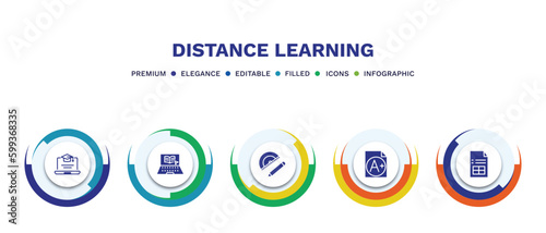 set of distance learning filled icons. distance learning filled icons with infographic template. flat icons such as online course, elearning, study tools, grades, sheet vector.