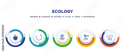 set of ecology filled icons. ecology filled icons with infographic template. flat icons such as half, reload, tree and roots, plant on a hand, tree with hearts vector.