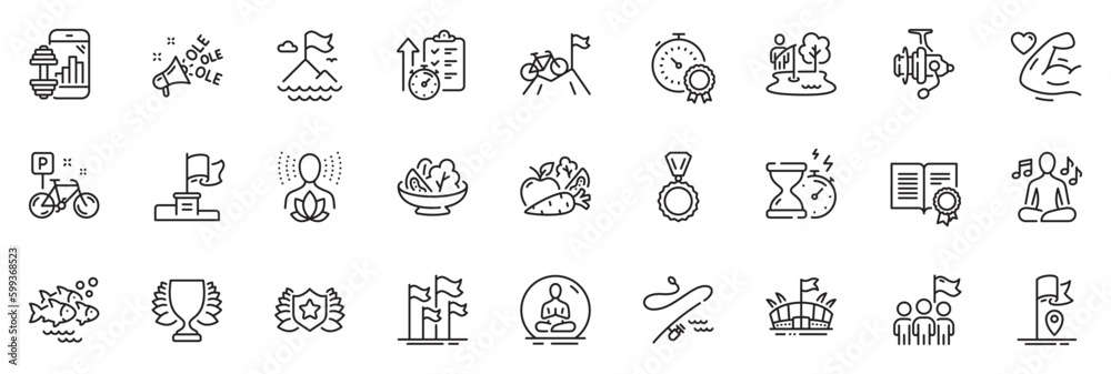 Icons pack as Hourglass timer, Strong arm and Fishing reel line icons for app include Yoga, Winner flag, Vegetables outline thin icon web set. Timer, Yoga music, Fishing place pictogram. Vector