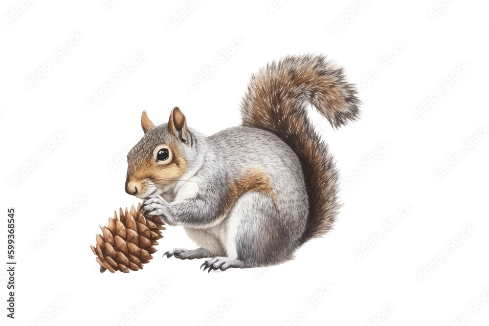 Fototapeta premium an isolated Grey Squirrel holding a pinecone, preservation, backyard wildlife, Wildlife-themed, photorealistic illustration on a transparent background cutout in PNG. Generative AI