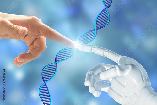Plastic robot arm, and human hand pointing at DNA. Artificial intelligence AI genetically modified concept. Microbiology programming