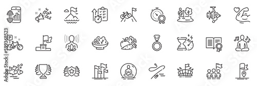 Icons pack as Hourglass timer, Strong arm and Fishing reel line icons for app include Yoga, Winner flag, Vegetables outline thin icon web set. Timer, Yoga music, Fishing place pictogram. Vector