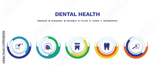 set of dental health filled icons. dental health filled icons with infographic template. flat icons such as tampon, sick girl, molar crown, dental, care vector.