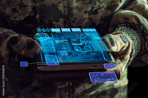 AI Command of the military forces on the tablet computer with augmented reality. Internet, Programming control with artificial intelligence, online coordination of the military team.