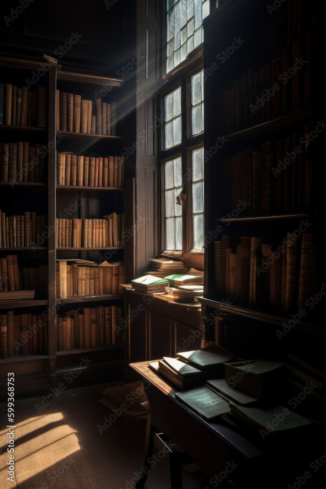 Interior of an Old Dusty Library with shelves of books created using Generative AI Interior of an Old Dusty Library with shelves of books created using Generative AI