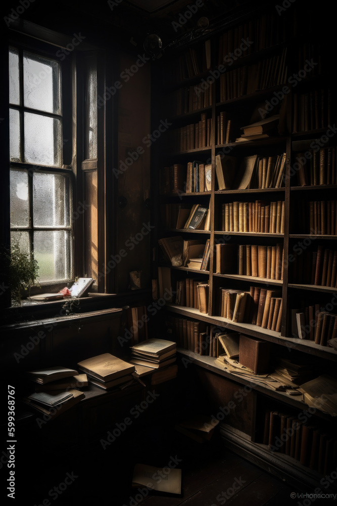 Interior of an Old Dusty Library with shelves of books created using Generative AI Interior of an Old Dusty Library with shelves of books created using Generative AI