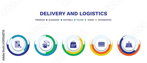 set of delivery and logistics filled icons. delivery and logistics filled icons with infographic template. flat icons such as waybill, boxes, duty free, cargo train, weight vector.
