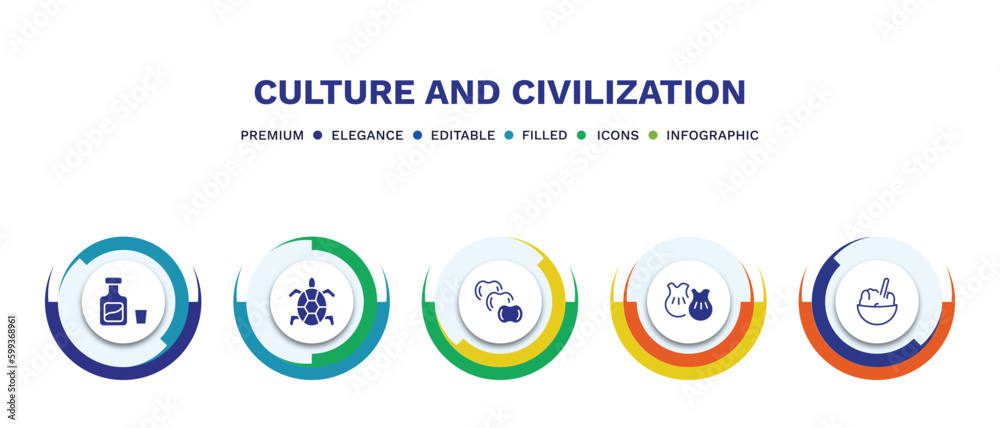 set of culture and civilization filled icons. culture and civilization filled icons with infographic template. flat icons such as orujo, surfing a sea turtle, ajotomate, wontons, rice pudding set of culture and civilization filled icons. culture and civilization filled icons with infographic template. flat icons such as orujo, surfing a sea turtle, ajotomate, wontons, rice pudding
