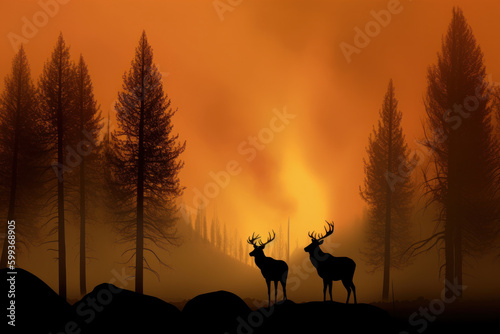 Silhoutte of deer with a forest wild fire in background created using generative AI
