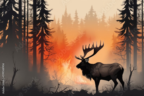 Silhoutte of deer with a forest wild fire in background created using generative AI © CLShebley