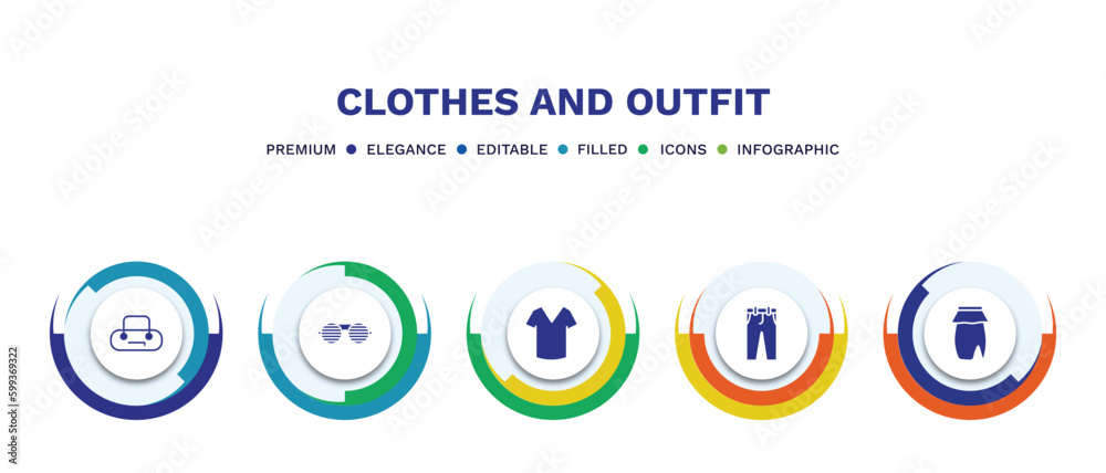 set of clothes and outfit filled icons. clothes and outfit filled icons with infographic template. flat icons such as barrel handbag, shutter sunglasses, v neck shirt, chi pants, peplum skirt set of clothes and outfit filled icons. clothes and outfit filled icons with infographic template. flat icons such as barrel handbag, shutter sunglasses, v neck shirt, chi pants, peplum skirt