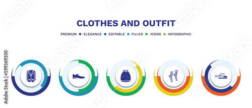 set of clothes and outfit filled icons. clothes and outfit filled icons with infographic template. flat icons such as oxford wave blazer, leather shoes, circle skirt, men socks, sleepers vector.