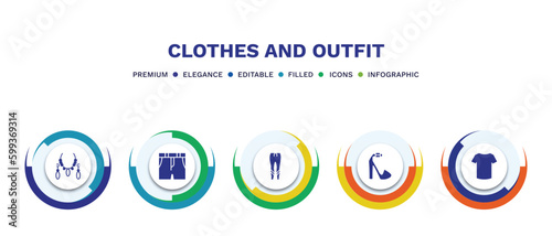 set of clothes and outfit filled icons. clothes and outfit filled icons with infographic template. flat icons such as jewelry, denim shorts, leggins, platform sandals, cotton polo shirt vector.
