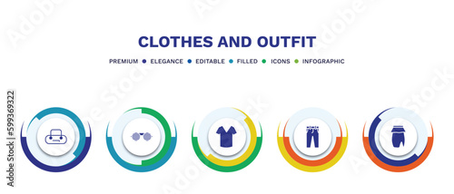 set of clothes and outfit filled icons. clothes and outfit filled icons with infographic template. flat icons such as barrel handbag, shutter sunglasses, v neck shirt, chi pants, peplum skirt