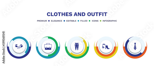 set of clothes and outfit filled icons. clothes and outfit filled icons with infographic template. flat icons such as ballets flats, messenger bag, pegged pants, ankle boots, tie vector.