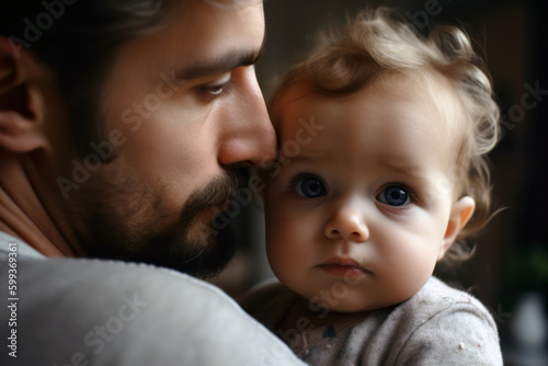 Fathers day. Parent and baby close up view. Young man hugging his kid. Generative AI