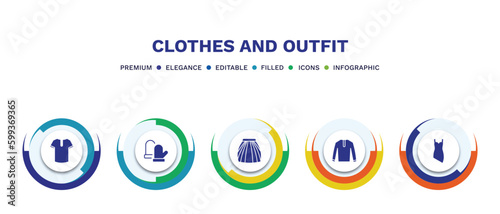 set of clothes and outfit filled icons. clothes and outfit filled icons with infographic template. flat icons such as henley shirt, wool gloves, tulle skirt, nylon jacket, cocktail dress vector.