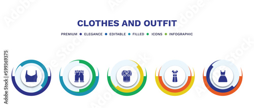set of clothes and outfit filled icons. clothes and outfit filled icons with infographic template. flat icons such as draped top, chino shorts, denim shirt, lyocell shirt dress, drees vector.