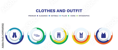 set of clothes and outfit filled icons. clothes and outfit filled icons with infographic template. flat icons such as harem pants, loafer, oxford wave suit pants, padded vest, jersey blazer vector.