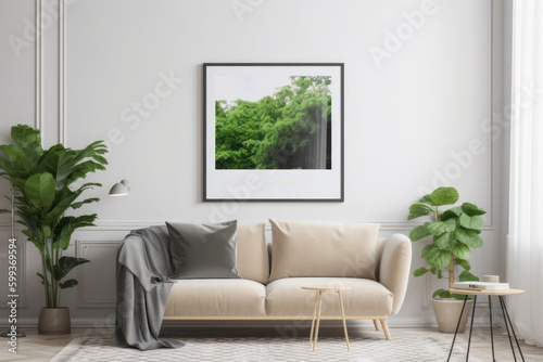 Minimalist Living Room with Blank Horizontal Poster Frame and Green Plants © Georg Lösch