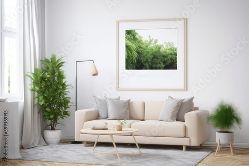 Modern Scandinavian Living Room with Blank Horizontal Poster Frame and Greenery © Georg Lösch