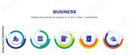 set of business filled icons. business filled icons with infographic template. flat icons such as finance, basic burger, reader, address book, bank card vector. photo