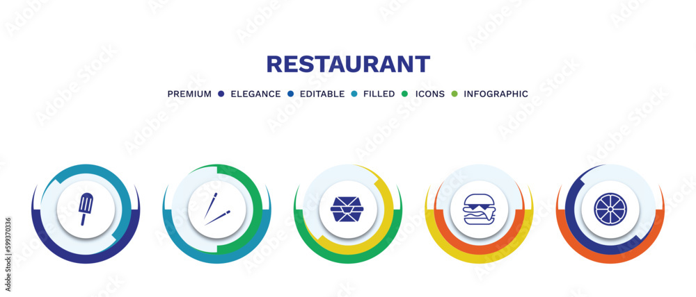 set of restaurant filled icons. restaurant filled icons with infographic template. flat icons such as ice pop, chopsticks, food box, complete hamburger, half lemon vector. set of restaurant filled icons. restaurant filled icons with infographic template. flat icons such as ice pop, chopsticks, food box, complete hamburger, half lemon vector.