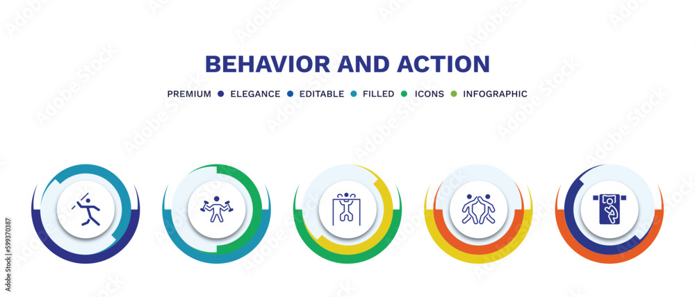 set of behavior and action filled icons. behavior and action filled icons with infographic template. flat icons such as man throwing javelin, man fitness, man lifting bar, two friends, sleeping set of behavior and action filled icons. behavior and action filled icons with infographic template. flat icons such as man throwing javelin, man fitness, man lifting bar, two friends, sleeping
