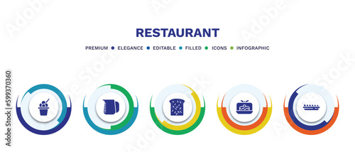 set of restaurant filled icons. restaurant filled icons with infographic template. flat icons such as ice cream cup, measurement jar, toasted bread, cake box, nachos plate vector.