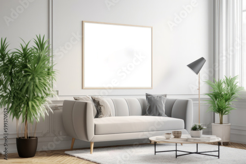 Minimalist Living Room with Blank Horizontal Poster Frame and Indoor Plants