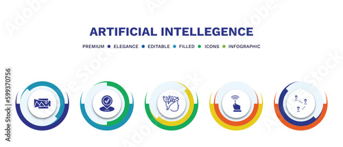 set of artificial intellegence filled icons. artificial intellegence filled icons with infographic template. flat icons such as panorama, visit, intelligence, finger control, demographic vector.
