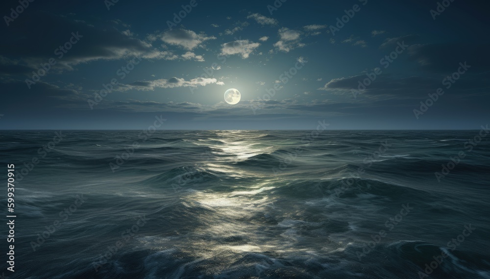 The moon is low over the night ocean