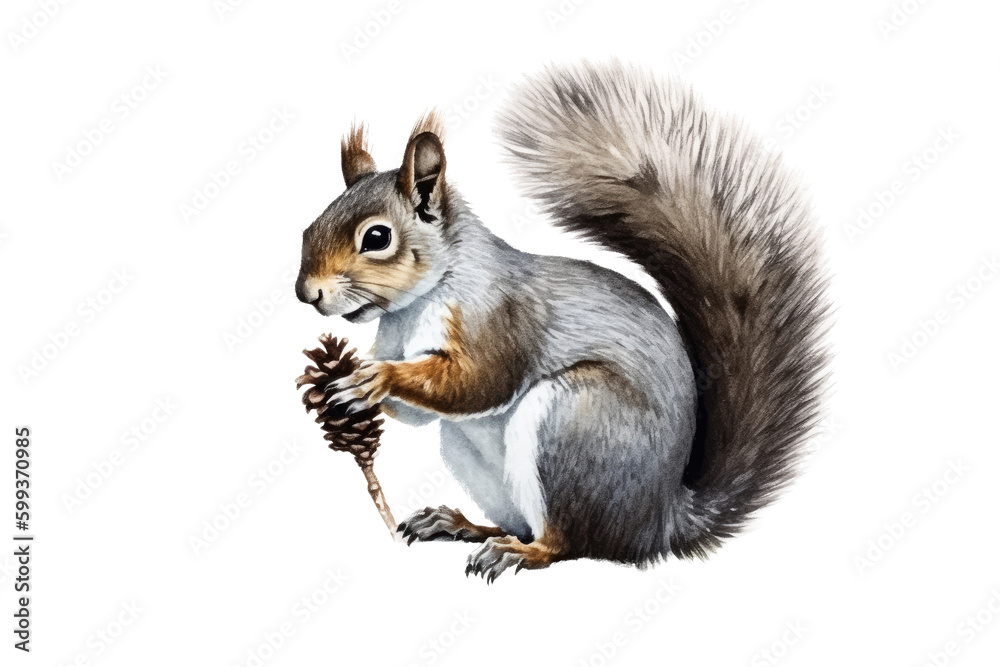  an isolated Grey Squirrel holding a pinecone, preservation, backyard wildlife, Wildlife-themed, photorealistic illustration on a transparent background cutout in PNG. Generative AI