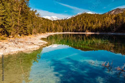 Winter view with reflections at Lake Eibsee, Mount Zugspitze, Wettersteingebirge, Garmisch-Partenkirchen, Bavaria, Germany © Martin Erdniss