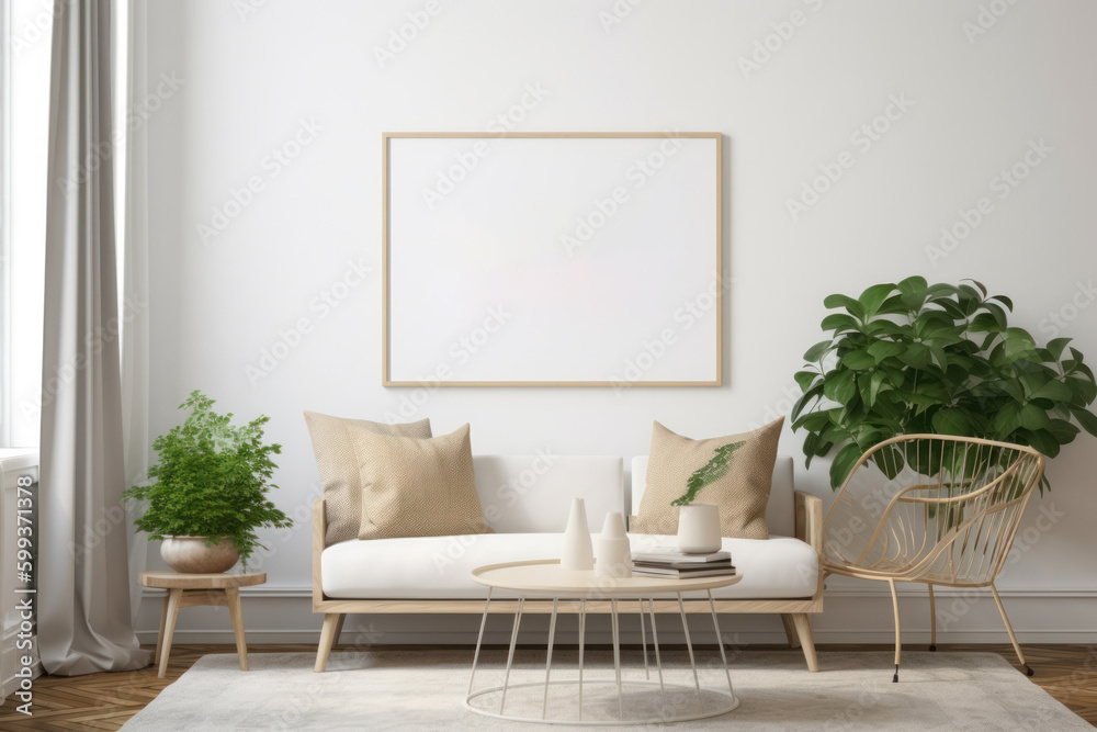 Scandinavian Living Room with Blank Horizontal Poster Frame and Bright Natural Light Scandinavian Living Room with Blank Horizontal Poster Frame and Bright Natural Light