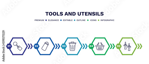 set of tools and utensils thin line icons. tools and utensils outline icons with infographic template. linear icons such as key ring, pepper container, recycling bin, empty shopping basket,