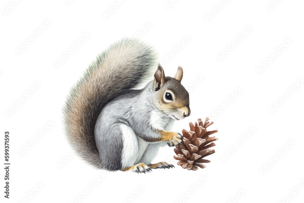Obraz premium an isolated Grey Squirrel holding a pinecone, preservation, backyard wildlife, Wildlife-themed, photorealistic illustration on a transparent background cutout in PNG. Generative AI