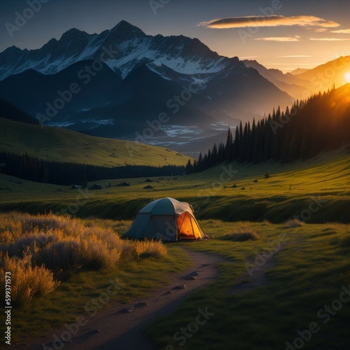 Camping at sunset in the mountains, Generative AI