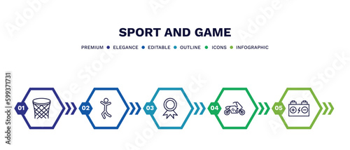 set of sport and game thin line icons. sport and game outline icons with infographic template. linear icons such as basketball basket, dancing motion, golden medal, race bike, batter vector.