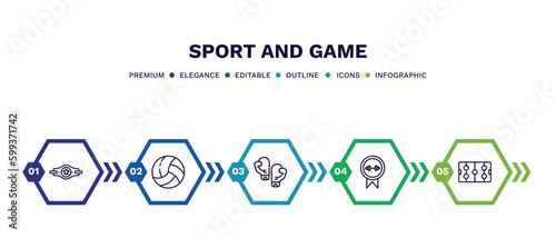 set of sport and game thin line icons. sport and game outline icons with infographic template. linear icons such as champion belt, volleyball ball, two boxing gloves, weight lifting medal, hockey