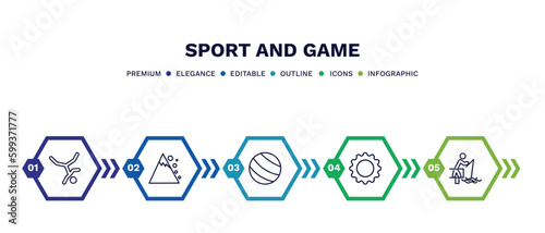 set of sport and game thin line icons. sport and game outline icons with infographic template. linear icons such as breakdance, snow slide zone, exercise ball, equipment, fisher fishing vector.