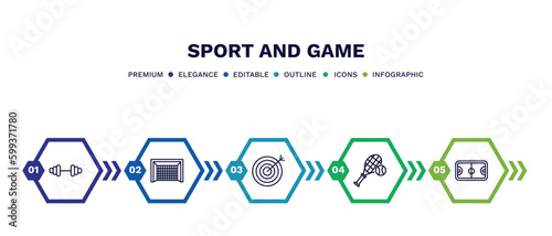 set of sport and game thin line icons. sport and game outline icons with infographic template. linear icons such as gym weight, hockey goal, bullseye, tennis game, basketball court vector.