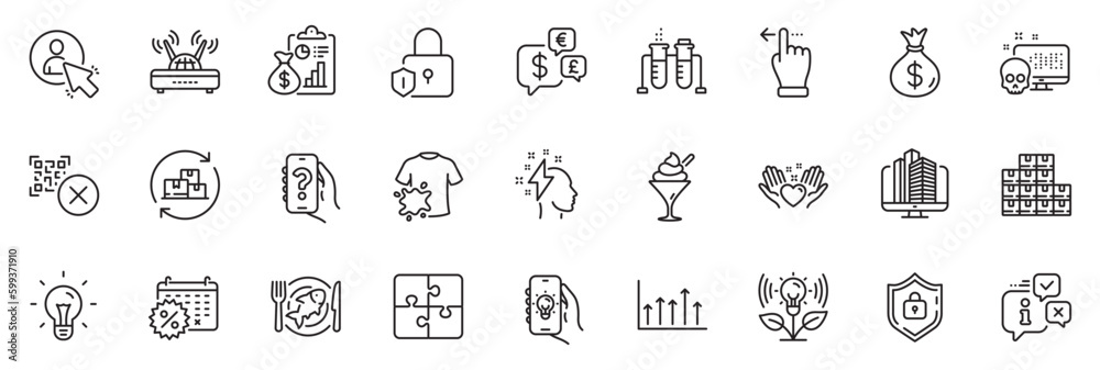 Icons pack as Puzzle, Qr code and Touchscreen gesture line icons for app include Lock, Money bag, Money currency outline thin icon web set. Electric app, Dirty t-shirt, Cyber attack pictogram. Vector