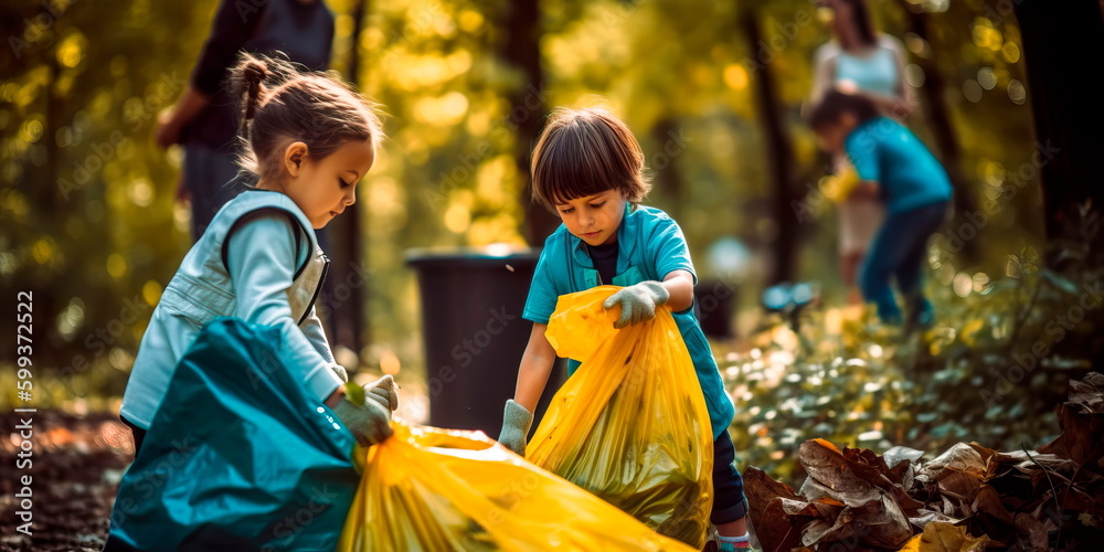 Children picking up trash at the park for Earth Day .Generative AI Children picking up trash at the park for Earth Day .Generative AI