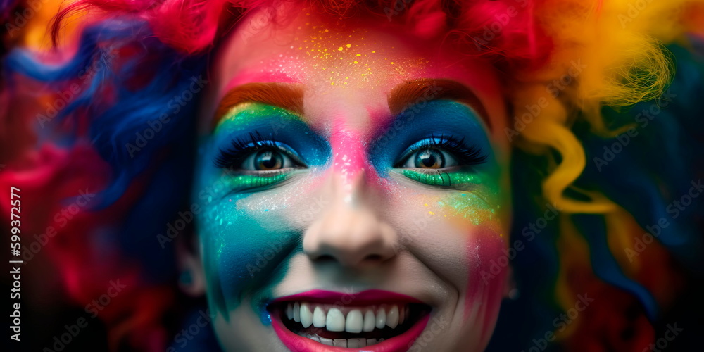 person's face, with colorful makeup and a rainbow-colored wig, looking directly at the camera with confidence and joy. Generative AI