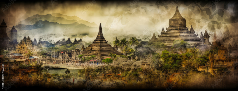 Complete panorama of Indonesian architecture in Asia consisting of monuments, landscapes and bright colors. Ideal for the invitation to travel and discover this country. Generative AI