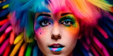 person's face, with colorful makeup and a rainbow-colored wig, looking directly at the camera with confidence and joy. Generative AI