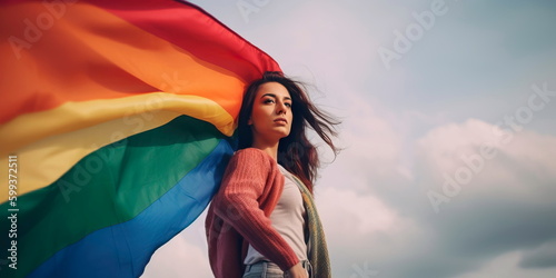 powerful and confident person standing in front of a rainbow-colored flag  with the wind blowing their hair and the flag. Generative AI